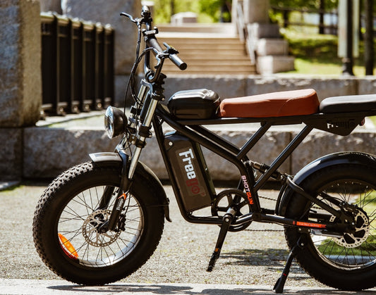 A Freego electric bike in a daylight, parked in front of the stairs made of stone