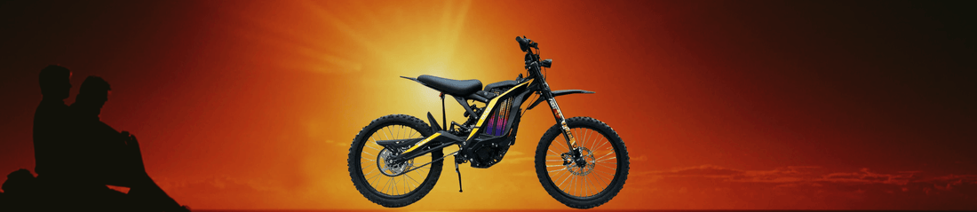 Natkie N1 Electric Mountain Dirt Bike with rugged tires and powerful motor against a sunset background