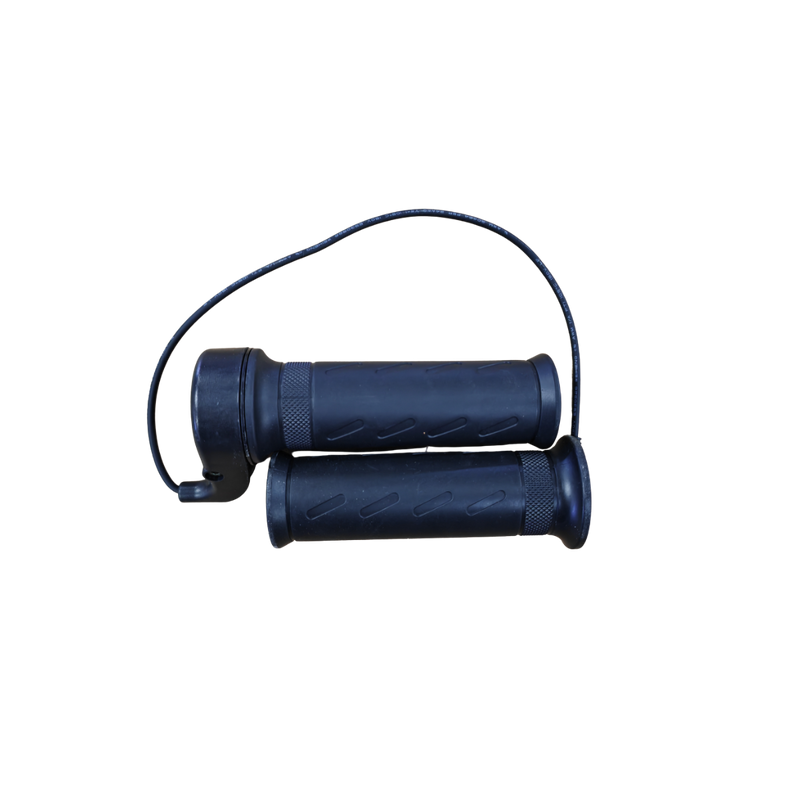 Pair of black motorcycle grips with throttle on a white background