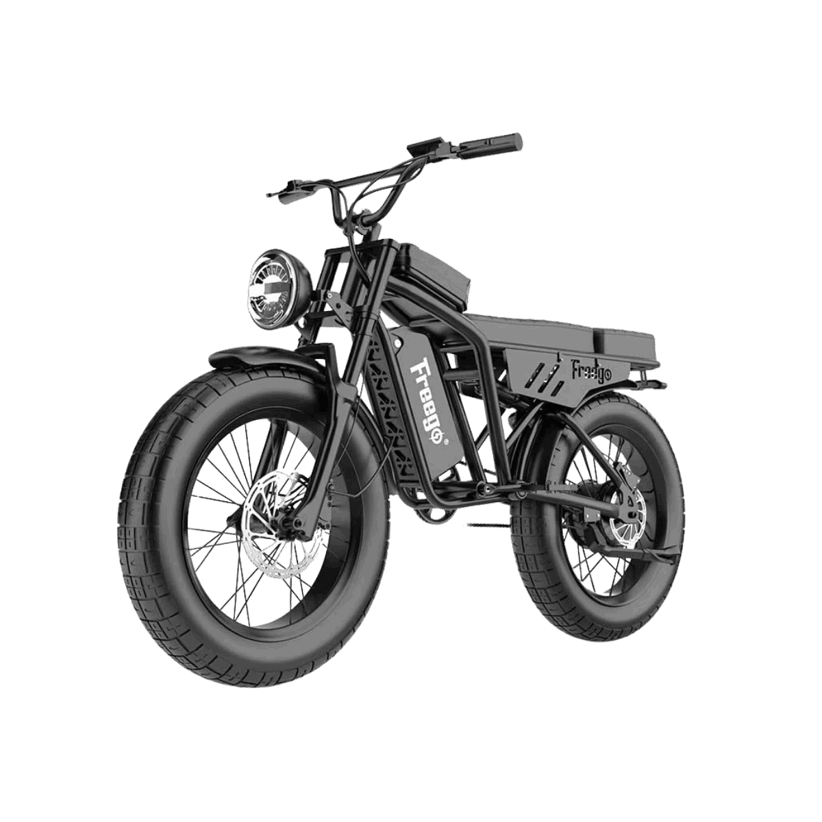 Black electric bike with 'Freewgo' branding on a gray background