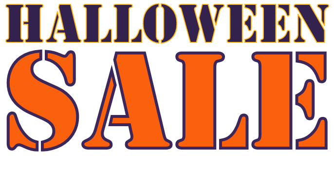 Halloween sale text in orange and purple on a white background