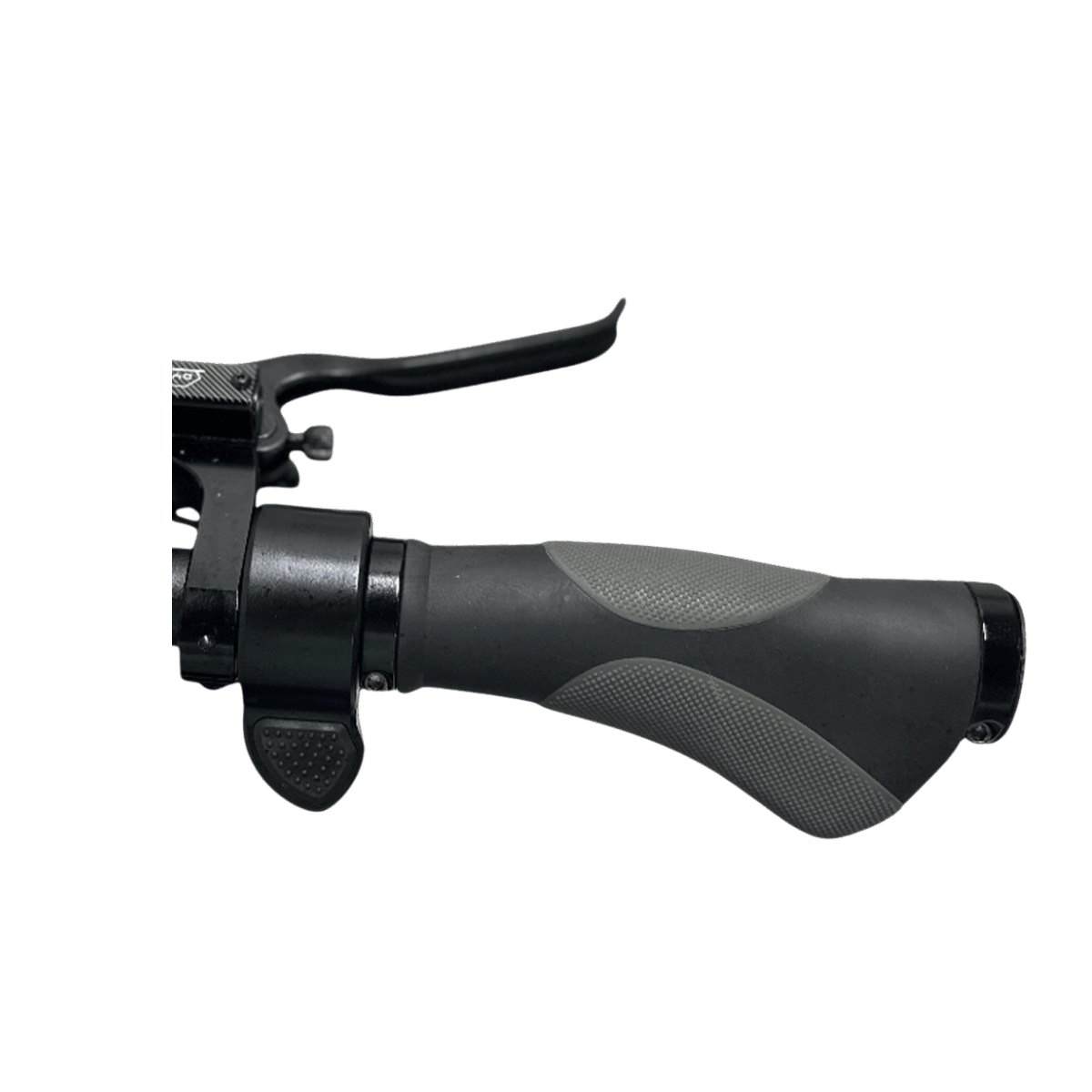 Close-up of a motorcycle handlebar grip and brake lever on a gray background