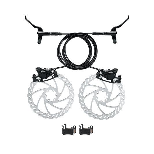 Bicycle brake system with calipers, cables, and rotors on a transparent background