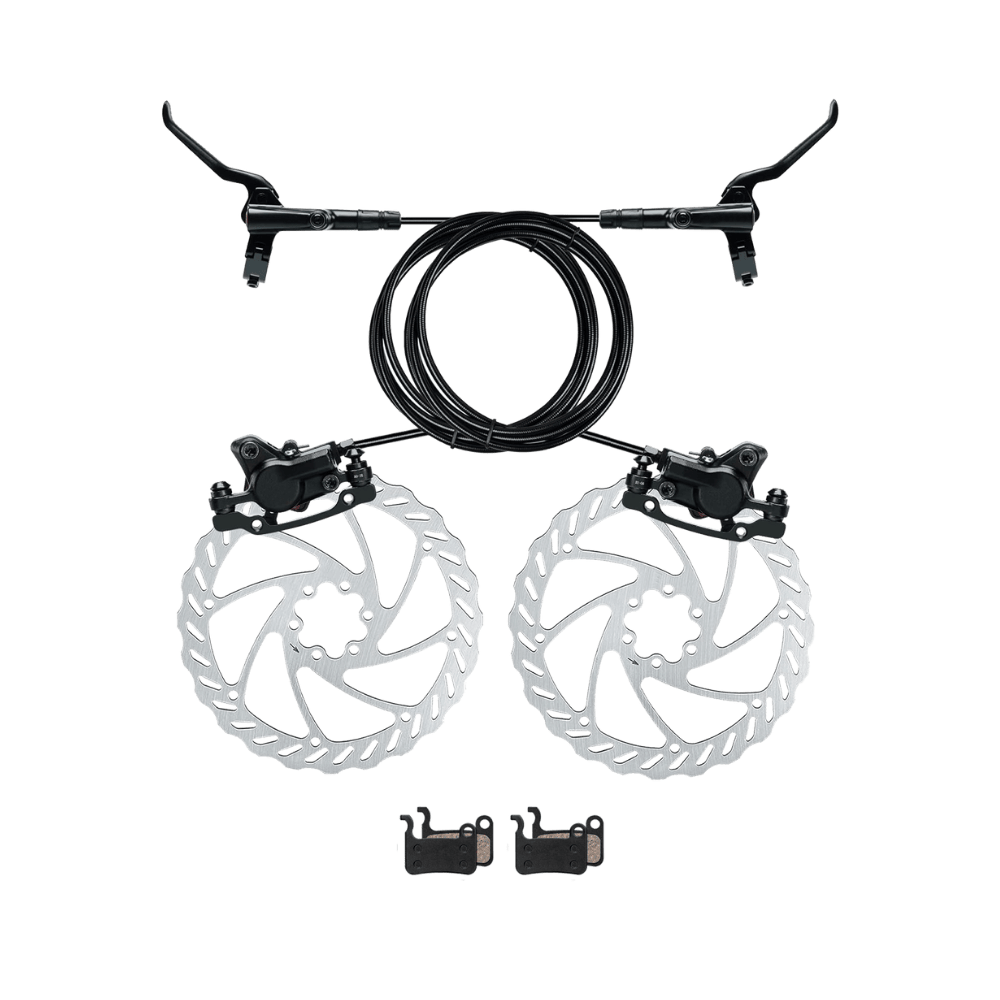 Bicycle brake system with calipers, cables, and rotors on a transparent background