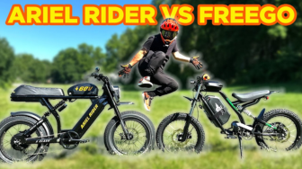 Two electric bikes on a grassy field with a person in the air, labeled 'Ariel Rider vs Freego'.