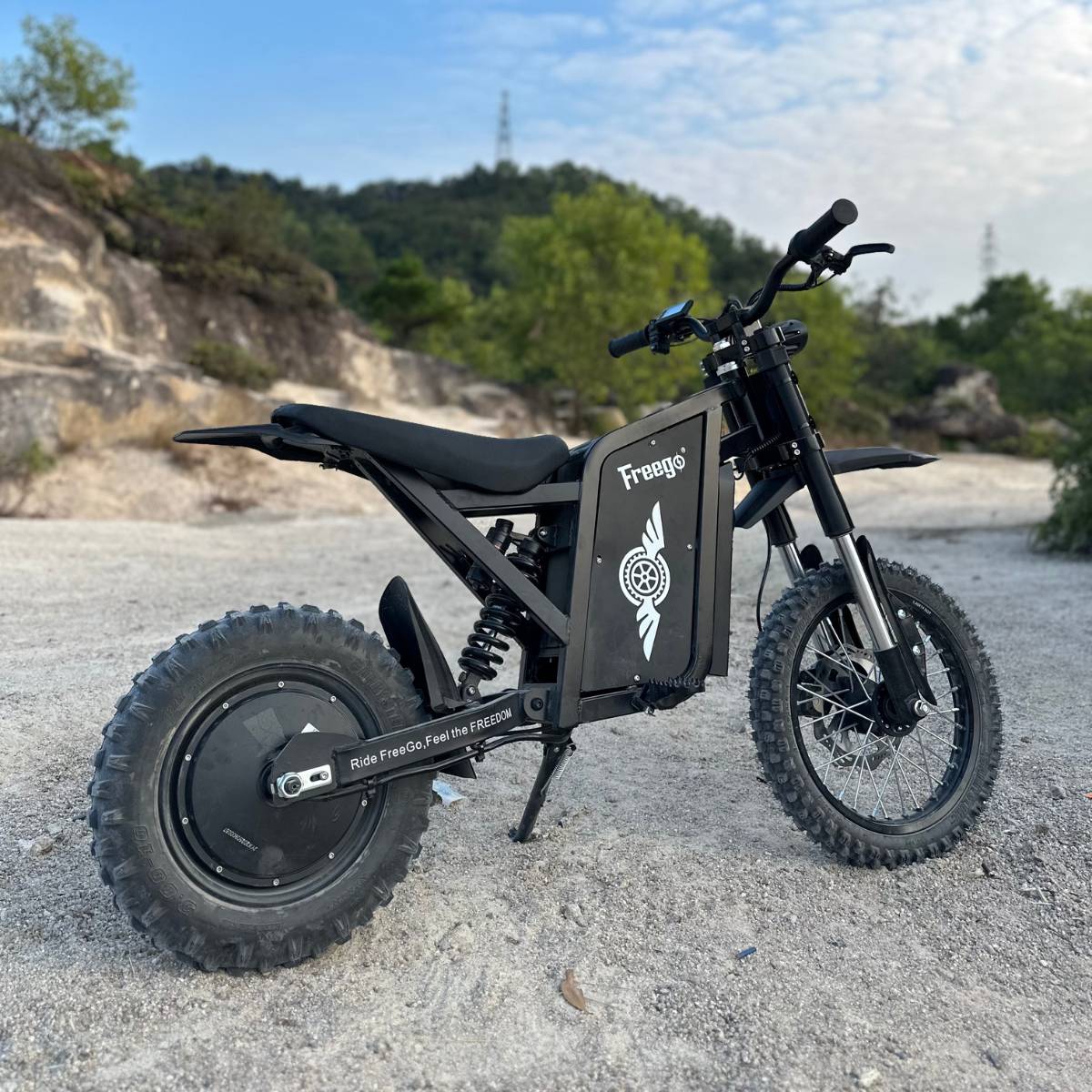 Freego X0 electric bike parked on gravel terrain with off-road tires, dual suspension, and outdoor backdrop.
