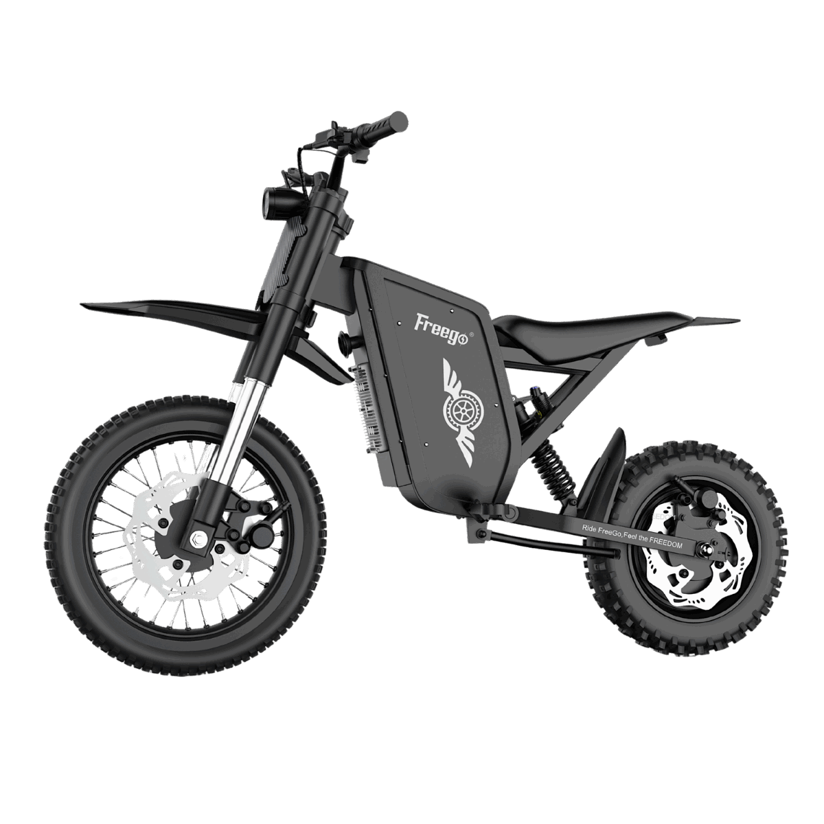 Left side view of Freego X0 electric mini motorcycle, featuring robust off-road tires and full suspension, isolated on transparent background.