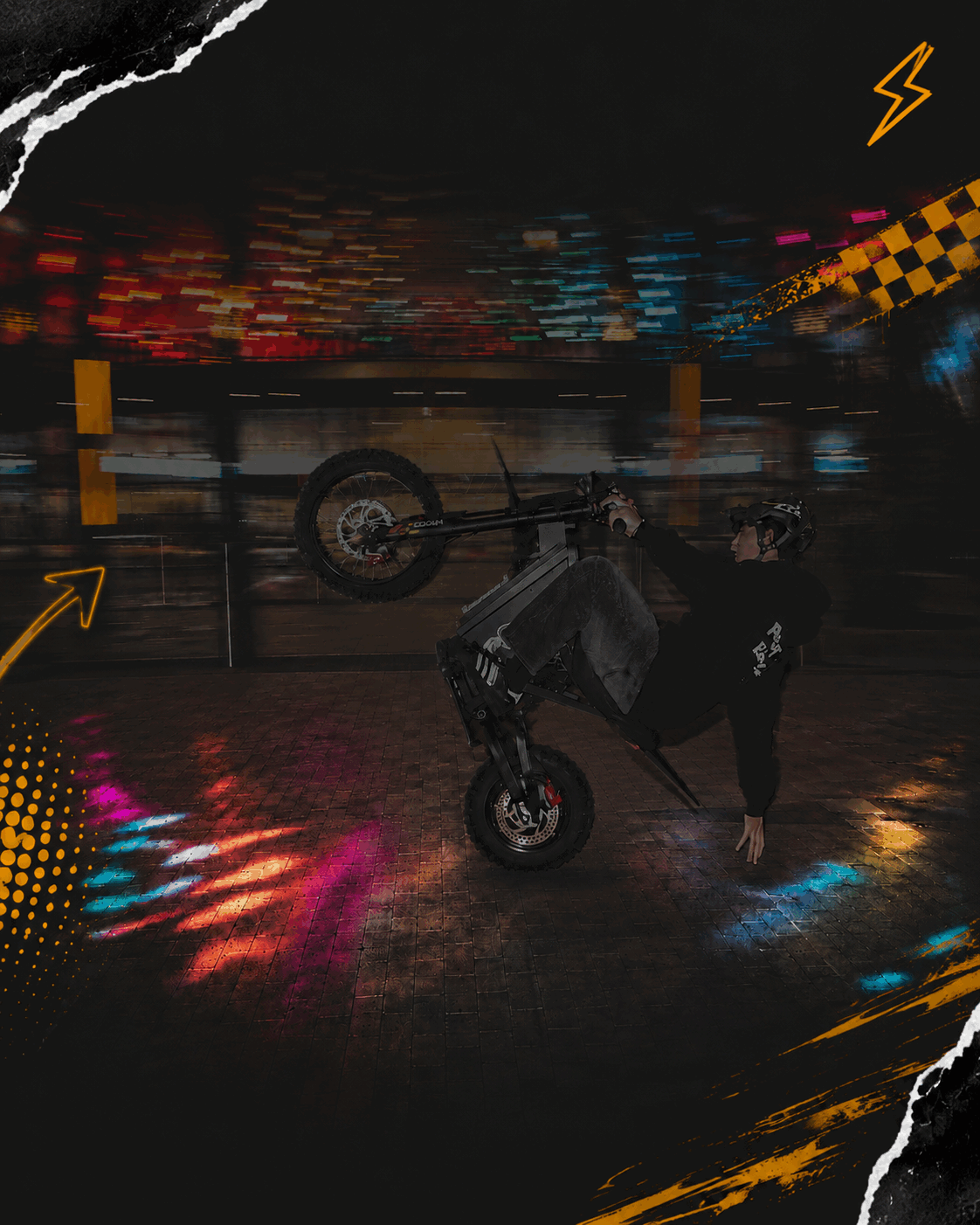 Freego X0 electric bike in an urban stunt scene with colorful neon lighting