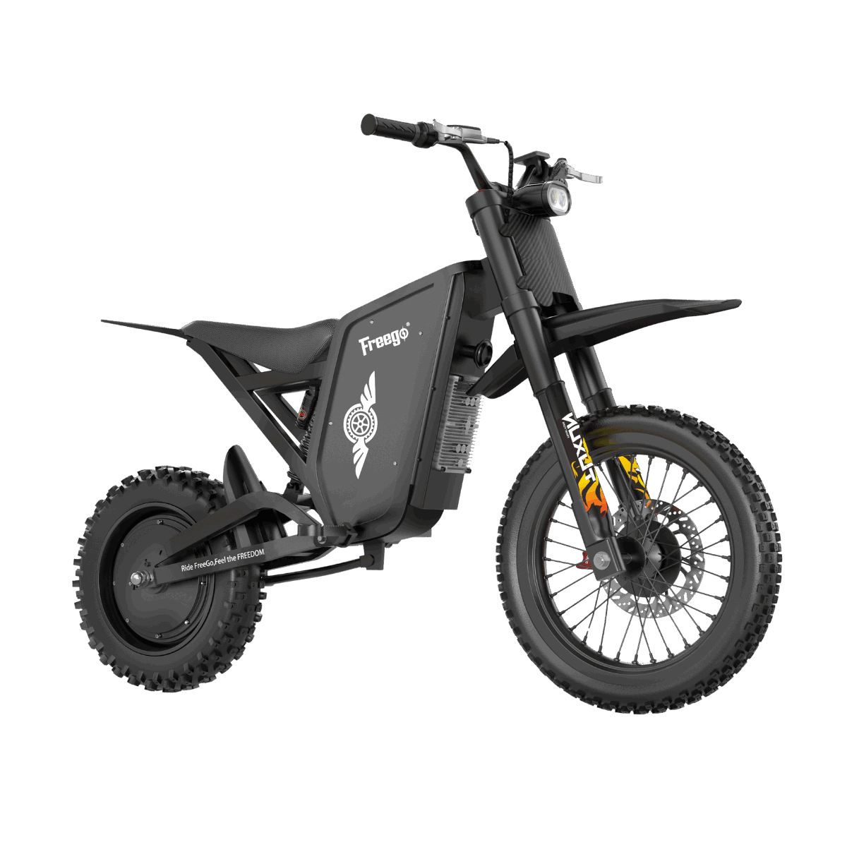 Freego X0 mini electric dirt bike, left side view studio shot