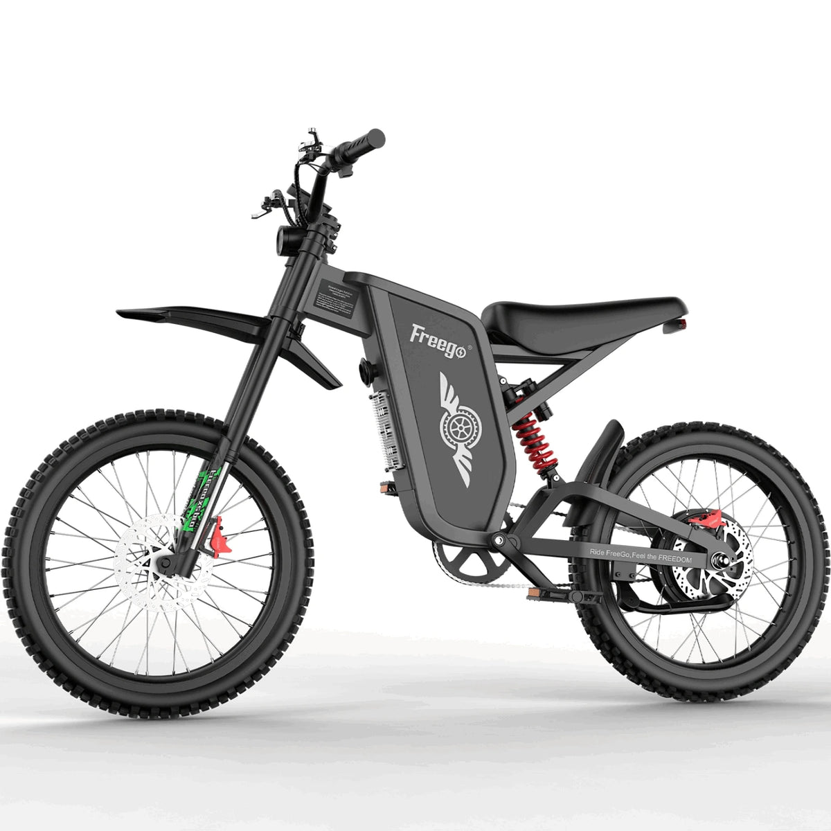 Freego X2 Pro electric dirt bike in a left-facing side view