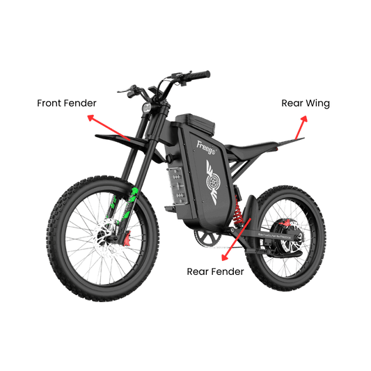 Freego X3 fender and rear wing kit showing the front fender, rear fender, and rear wing.