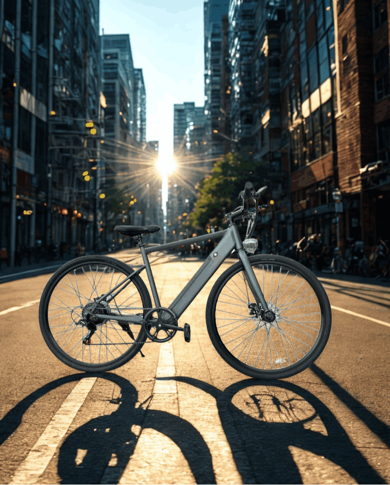 Freego E7 electric bike in city street at sunrise