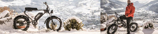 electric bike with e-bike battery on snowy mountain terrain with rider in red jacket