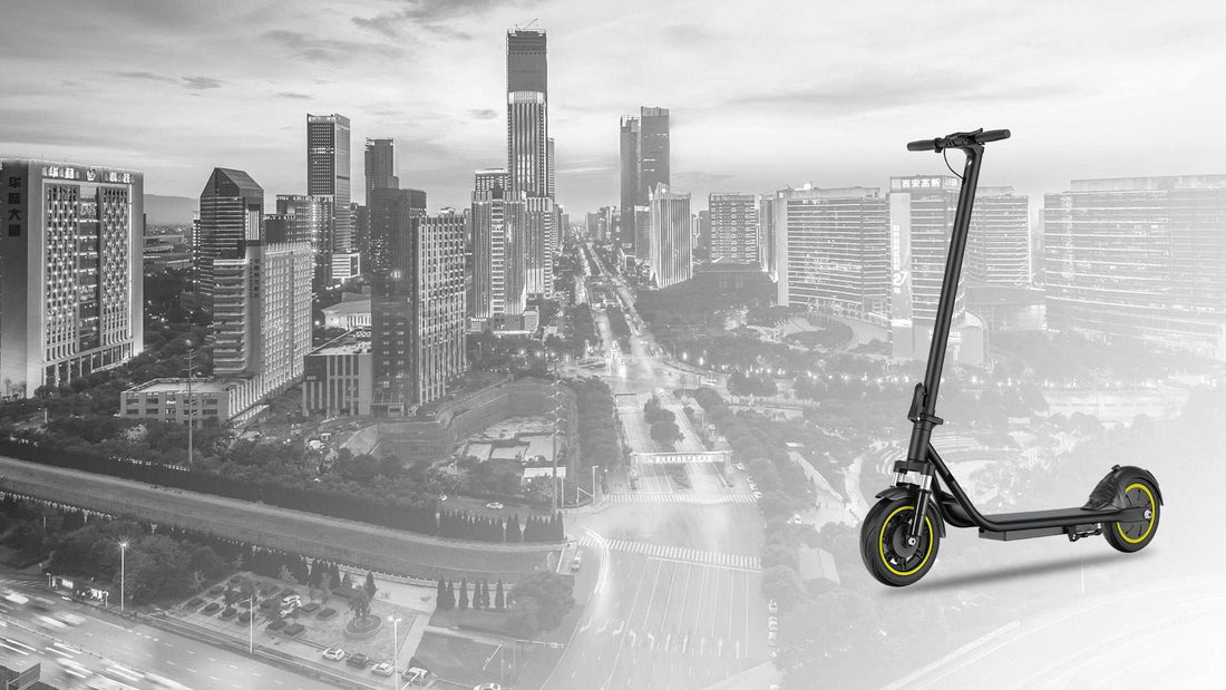 sleek black 4th generation electric scooter with yellow accents in urban city background
