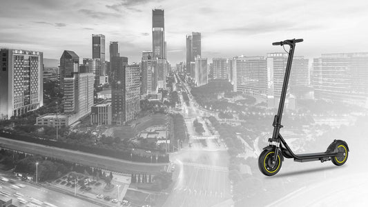 sleek black 4th generation electric scooter with yellow accents in urban city background