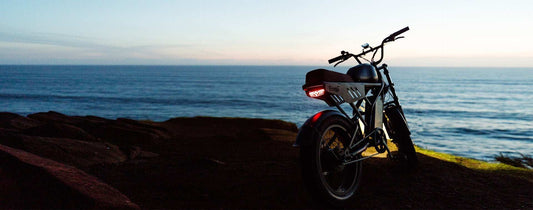 Freego electric bike parked by the ocean at sunset, showcasing sleek frame and rear light