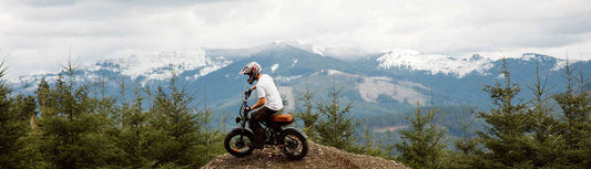 Person riding electric bike in mountainous forest landscape with snow-capped peaks in background for E-Bike Community tips and safety guidance