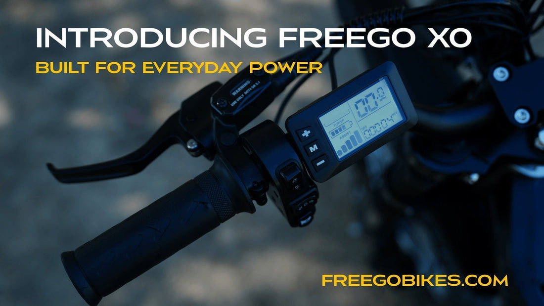 Close-up of the Freego X0 handlebar and digital display with "Built for Everyday Power" text.
