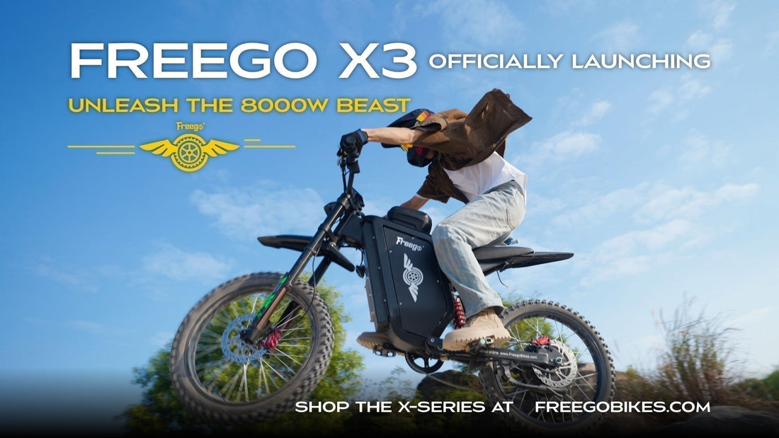 A rider jumping a Freego X3 electric bike against a clear blue sky with "Unleash the 8000W Beast" text