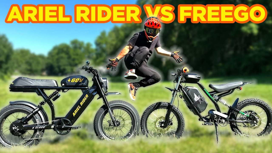 Person jumping between Ariel Rider X-Class and Freego Nova 3 electric bikes in a grassy outdoor setting with clear sky
