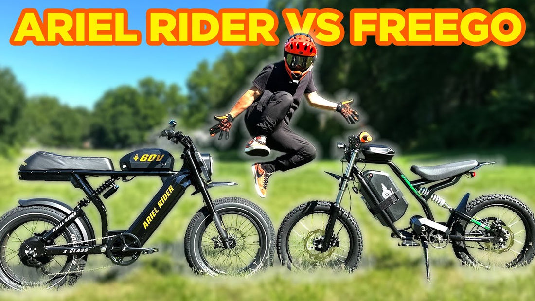 Freego Nova 3 and Ariel standing opposite to each other, and an ebike enthusiast jumping in the air between them