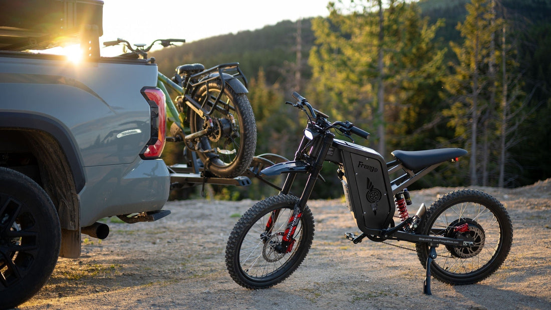 Freego X2 Pro authentic electric dirt bike parked on a hill with trees and natural scenery.
