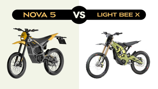 Side-by-side comparison of Nova 5 yellow electric dirt bike and green Surron Light Bee X electric dirt bike showcasing off-road models