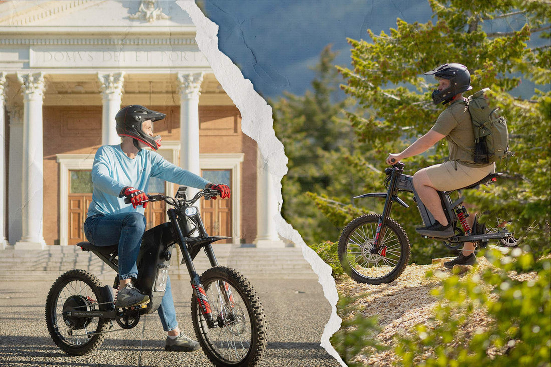 Lifestyle photo of a moped style ebike rider on a scenic trail. 