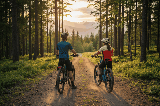 A young man and a young woman on their ebikes on the mountain road that exits the forest, wearing their helmets to ride safely