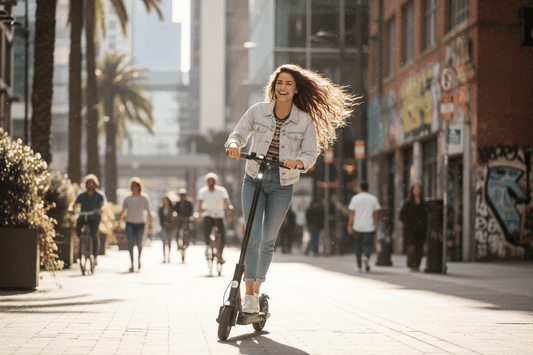 A girl who have learned our safety tips for riding an electric scooter riding it on the street with sunshine in her hair