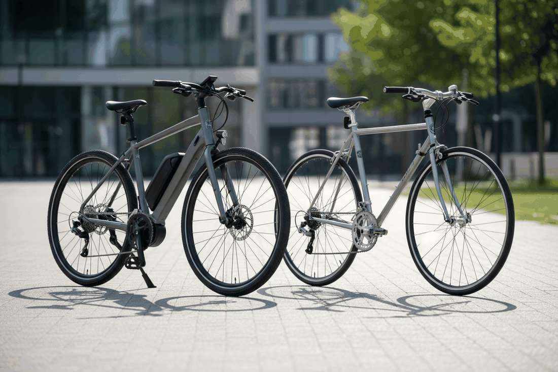 ebike and push bike parked next to each other