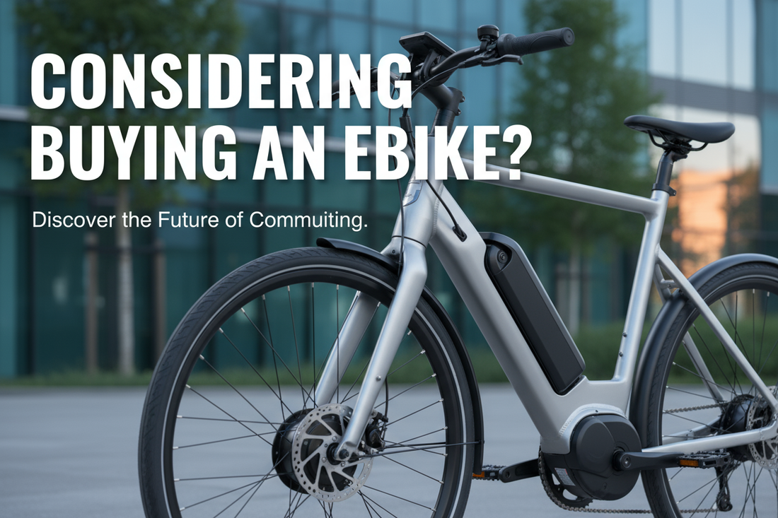 A generated poster with a gray ebike and the modern building with the glass walls at the background saying "Considering buying an ebike?"