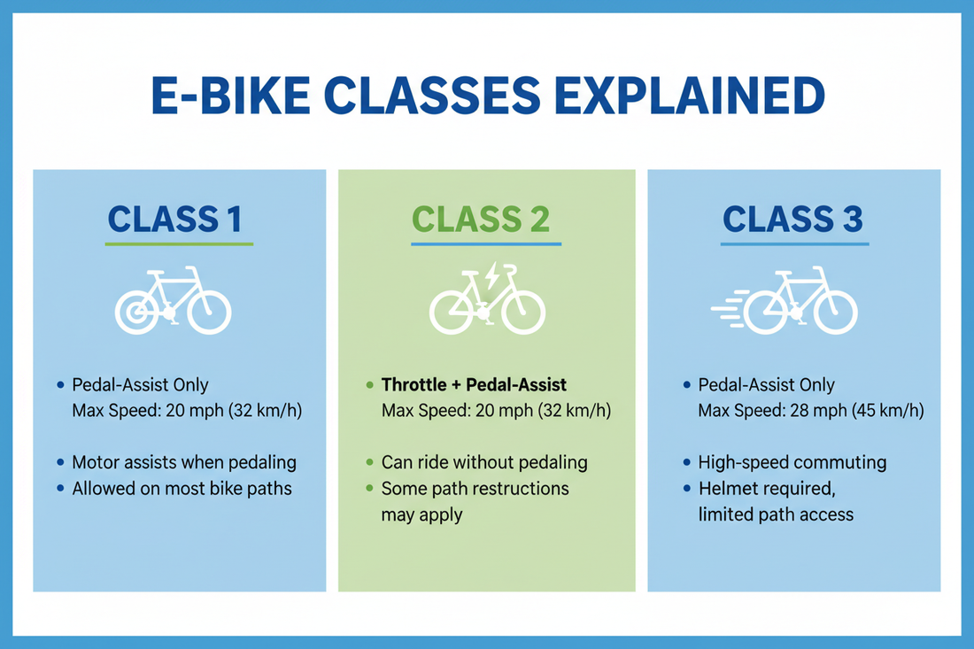 Each eBike Class Explained - a poster in light blue, light green, and white color, with the bike illustrations and basic information about each class