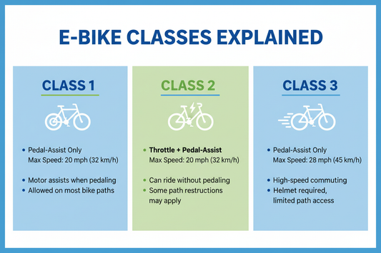 Each eBike Class Explained - a poster in light blue, light green, and white color, with the bike illustrations and basic information about each class
