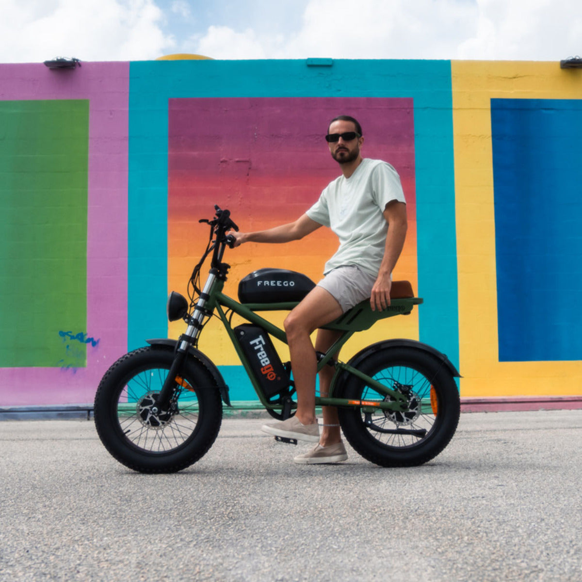 Man sitting on a green Freego F3 Pro e-bike in front of a colorful mural.