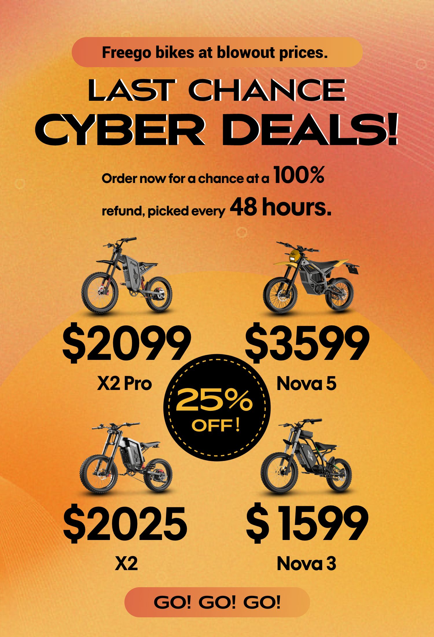 Promotional advertisement for Freego bikes with prices and deal details on an orange background.