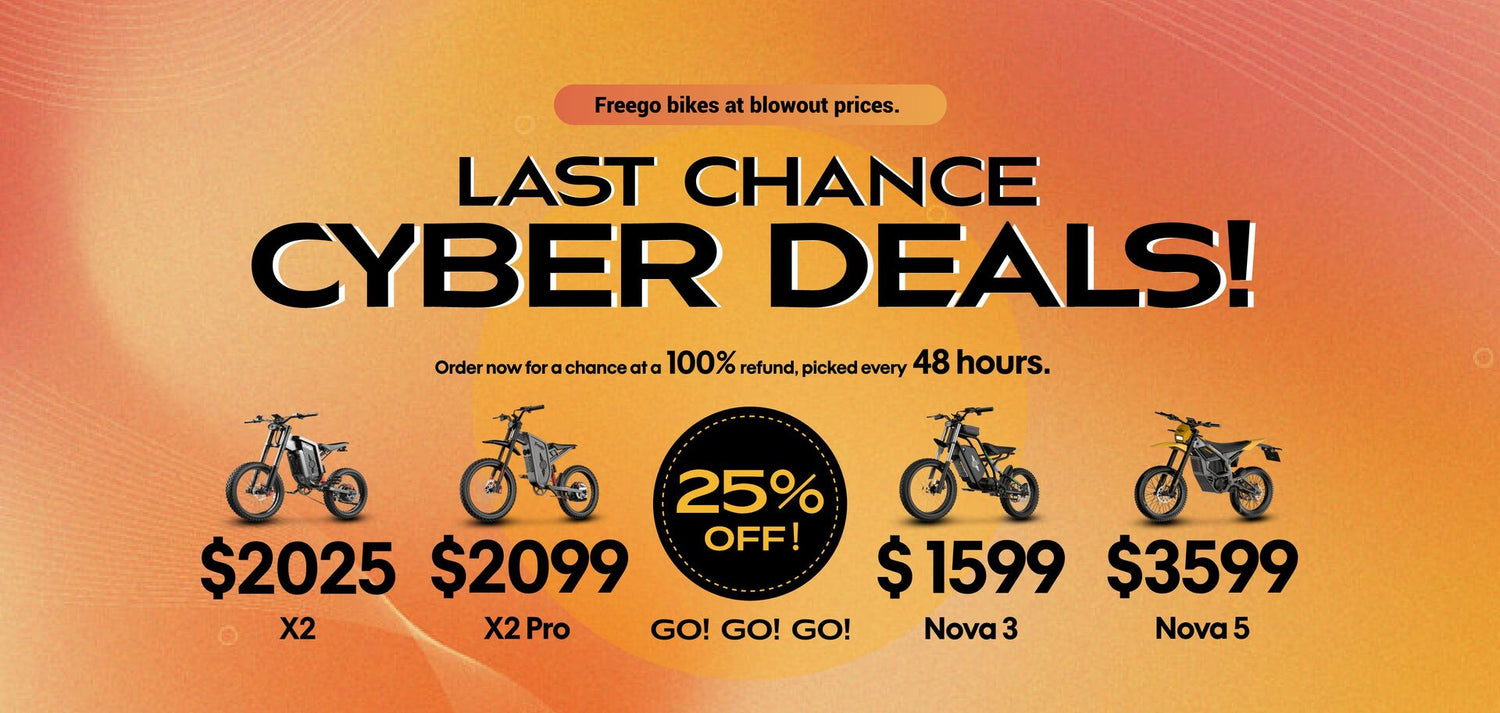 Promotional graphic for cyber deals with dirt bikes and pricing on an orange background