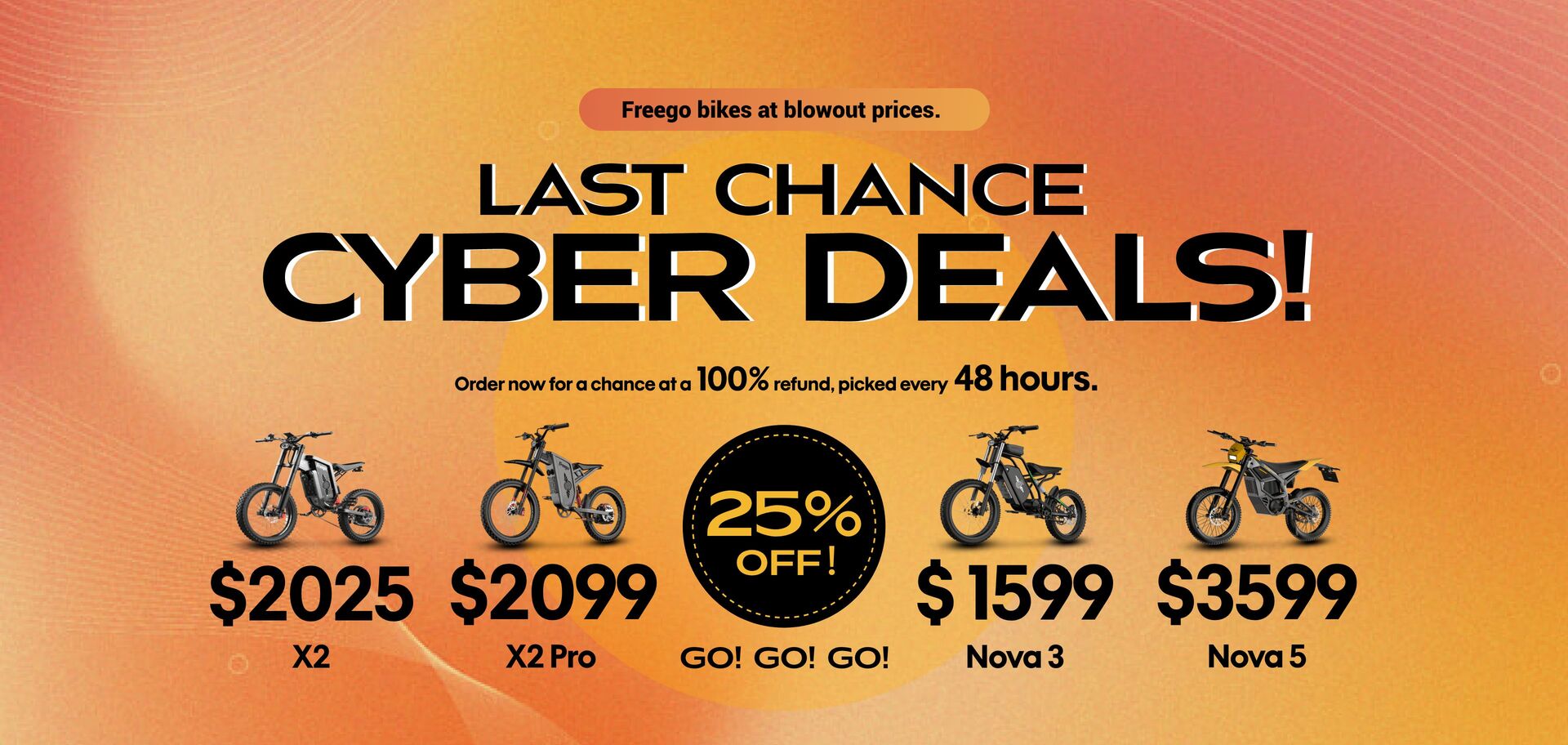 Promotional graphic for cyber deals with dirt bikes and pricing on an orange background