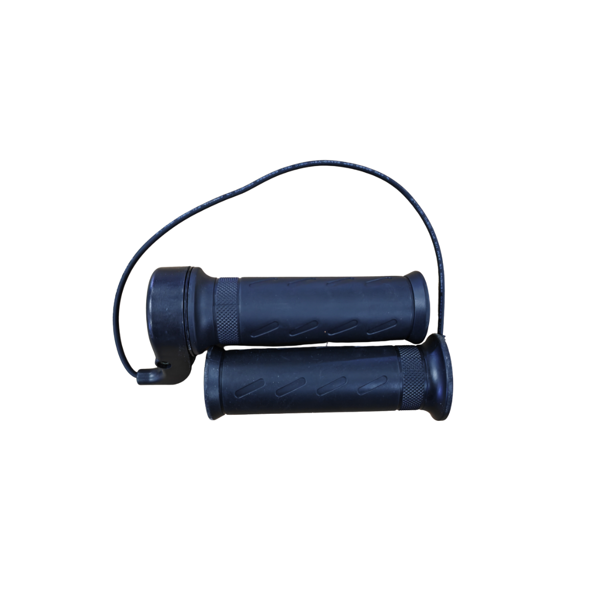 Pair of black motorcycle grips with throttle on a white background