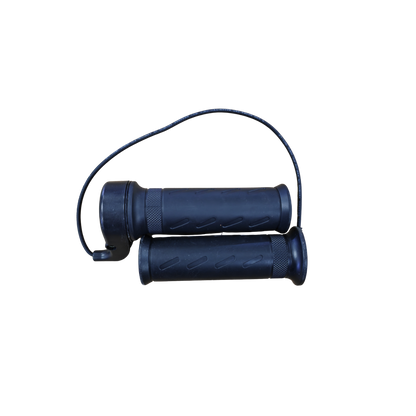 Pair of black motorcycle grips with throttle on a white background