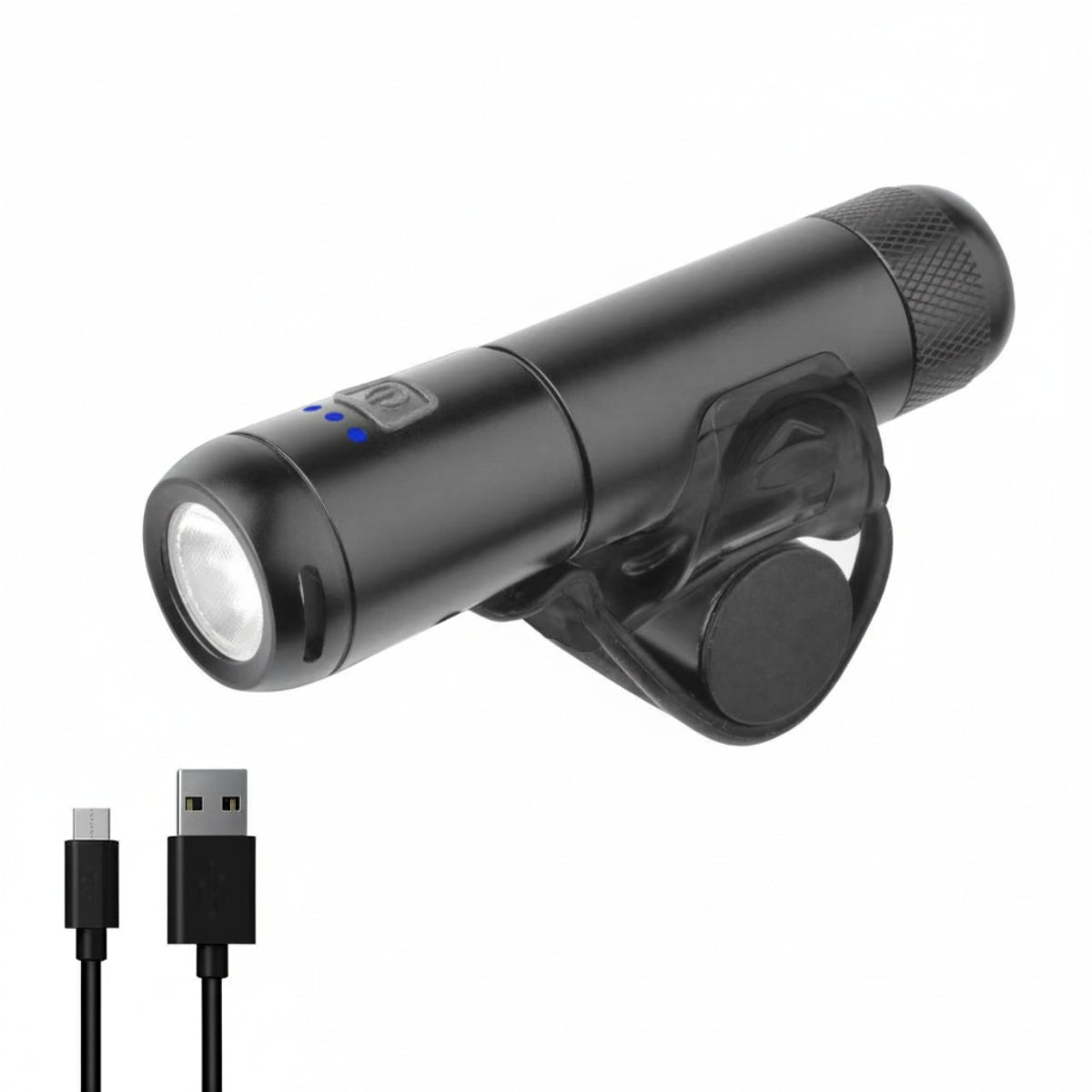 Black bicycle light with USB cable on a white background
