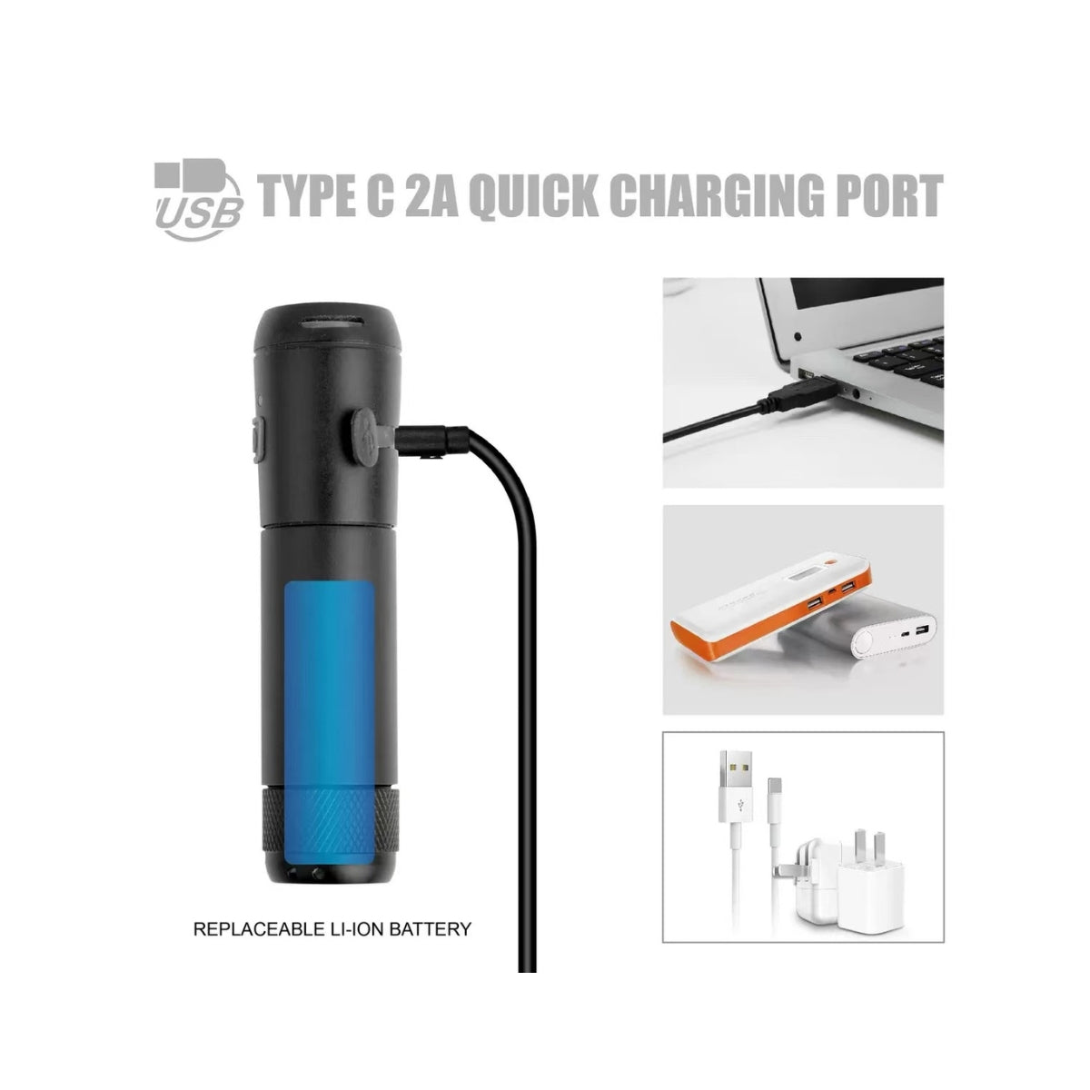 Black and blue flashlight with USB Type C charging port on a white background