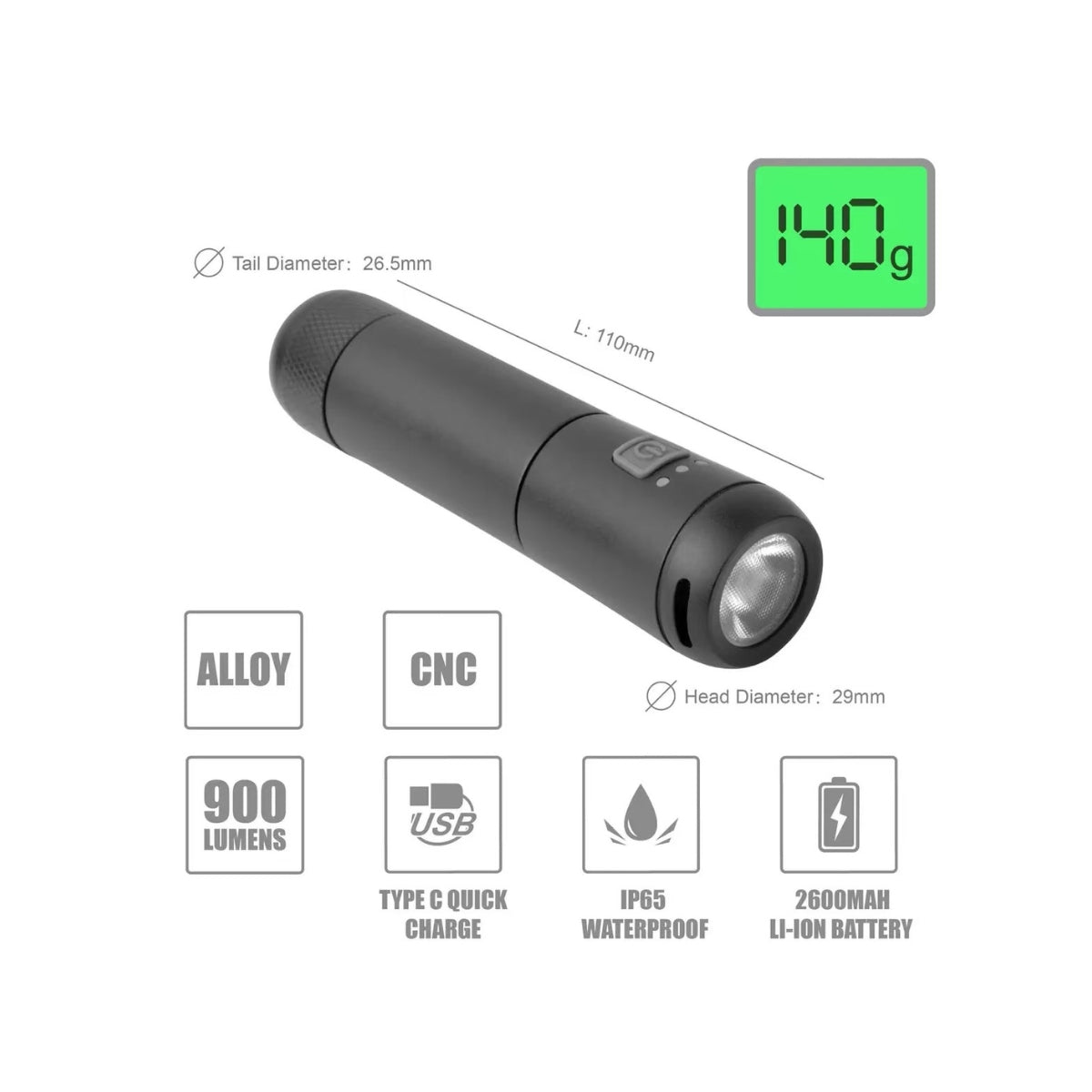 Black flashlight with digital display and feature icons on a white background