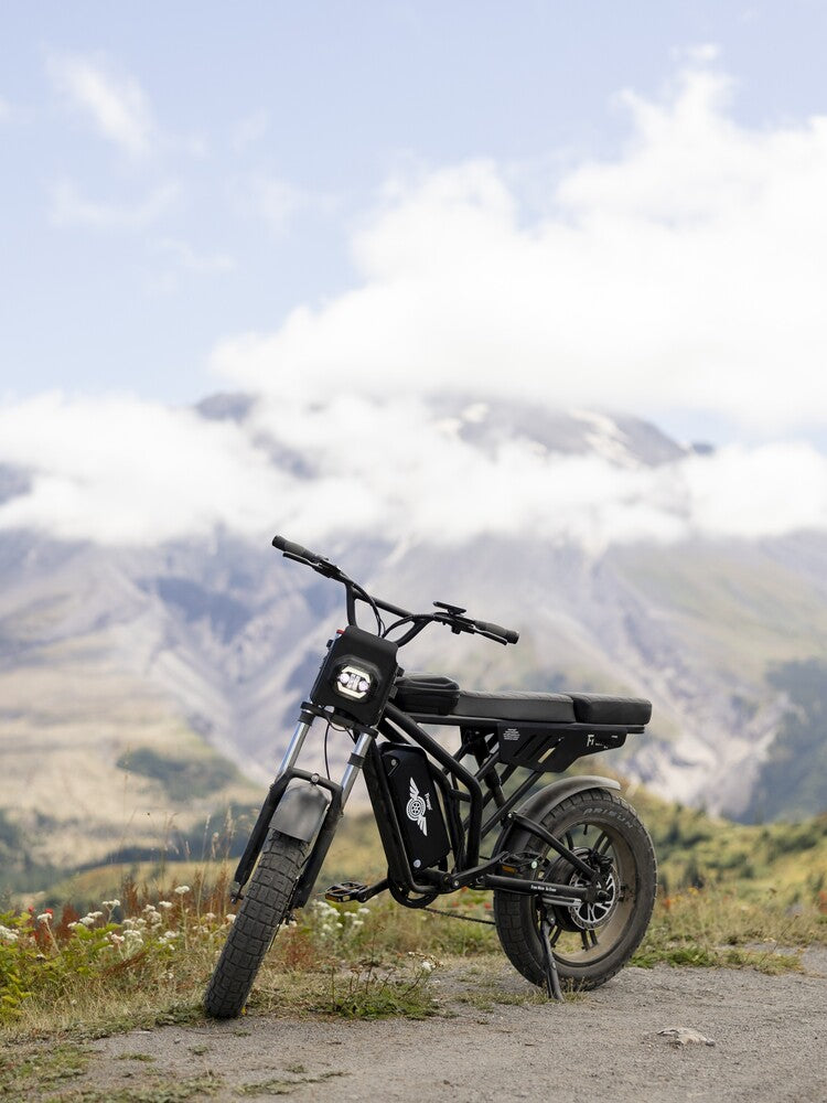 F2 Pro Max ebike on a dirt path with mountains in the background