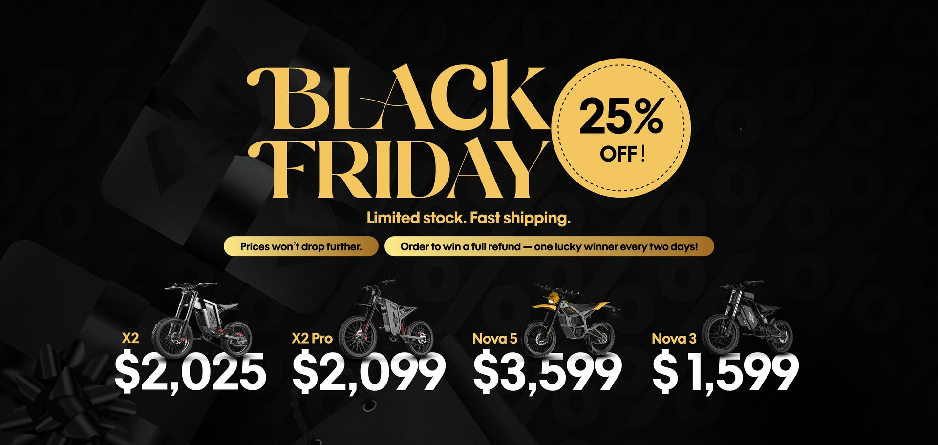Freego Black Friday sale advertisement with ebike models and pricing on a black background.