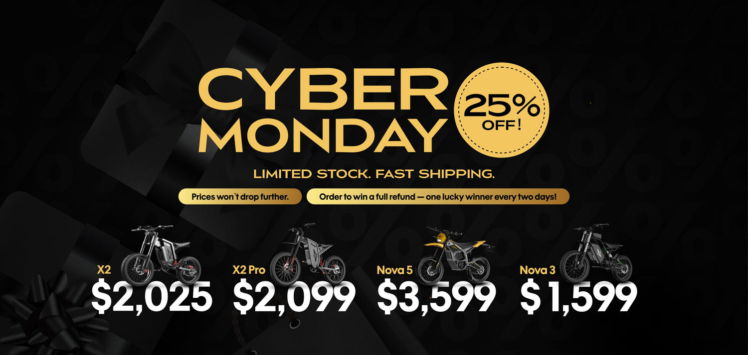 Cyber Monday sale advertisement with motorcycle models and pricing on a dark background