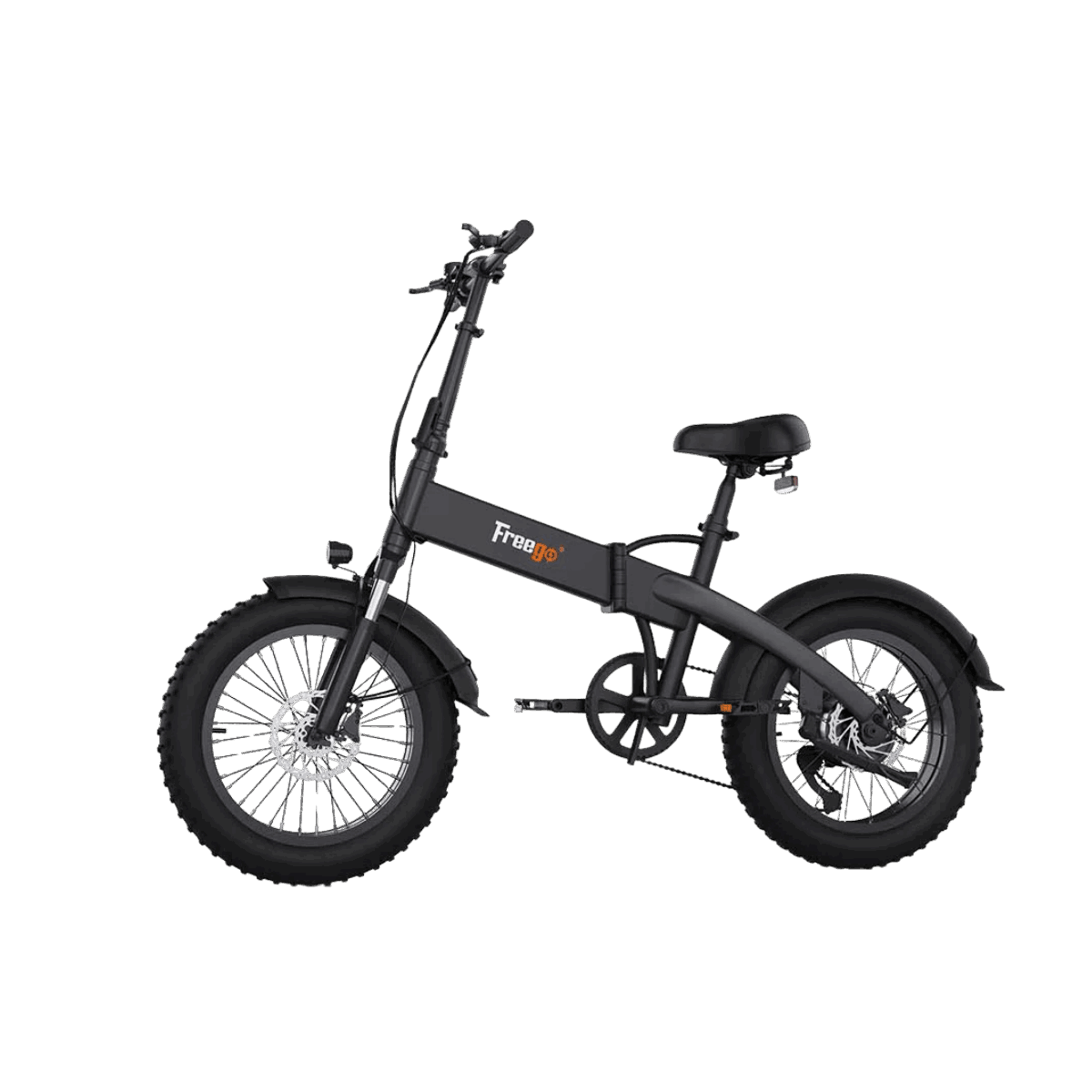 Black electric bike with 'Freego' branding on a gray background