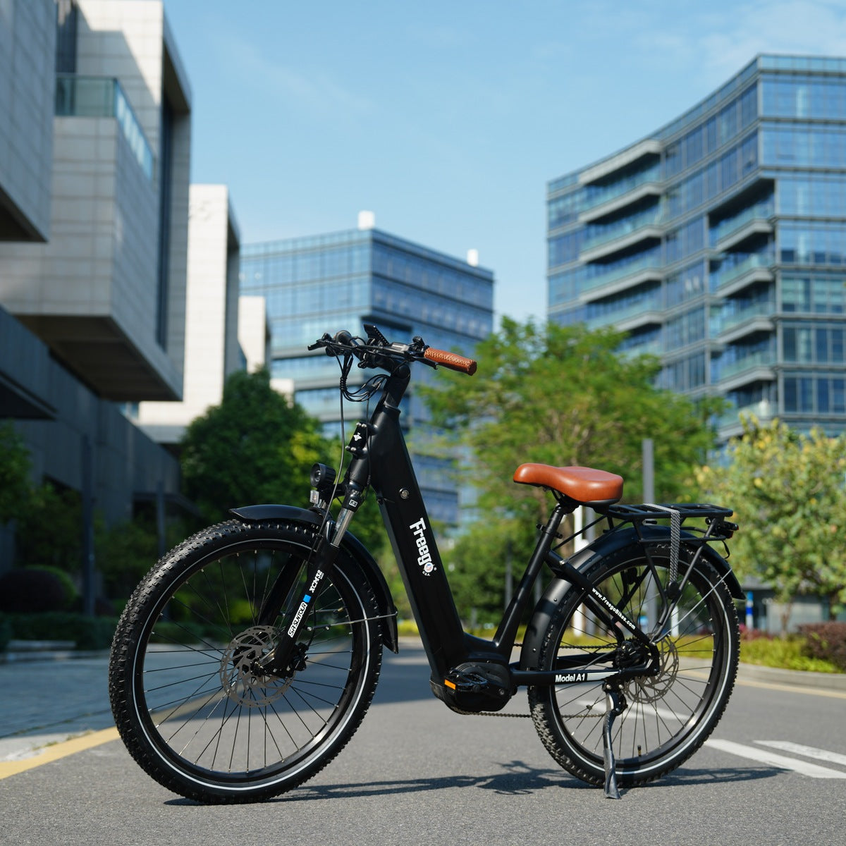 Freego A1 on a city street with modern buildings in the background
