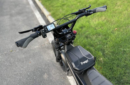 Top view of Freego F2 Pro Max handlebar, LCD display, and front storage bag.