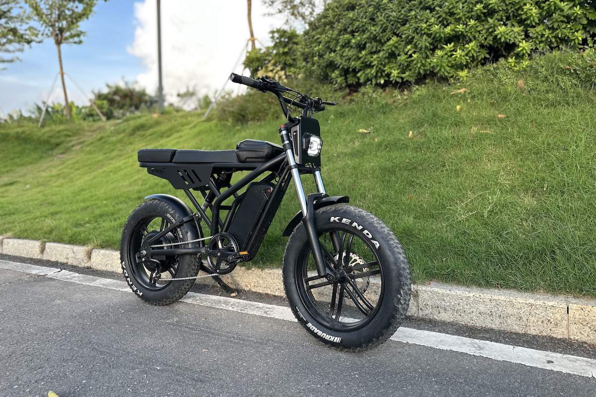 Freego F2 Pro Max electric bike with front headlight and fat tires, parked on roadside grass.